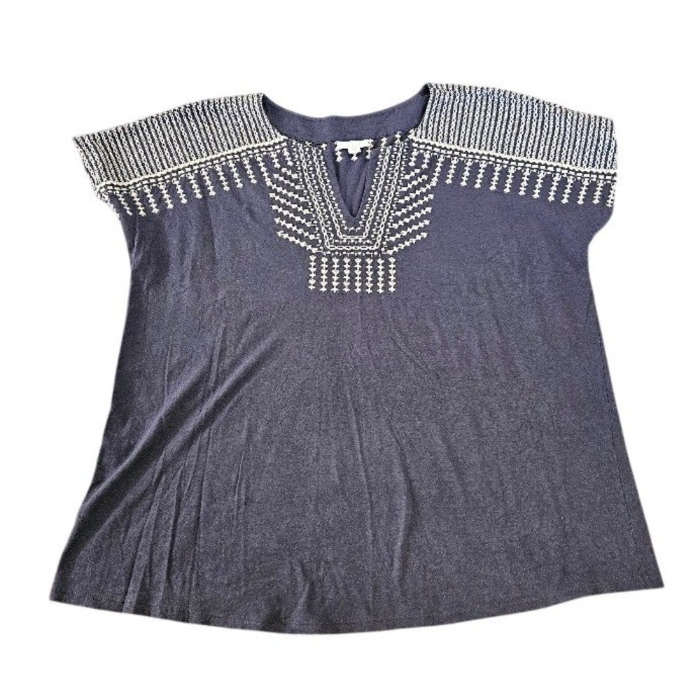 Pure Jill J. Jill Womens Gray Cotton Linen Embroidered Split Neck Top Large